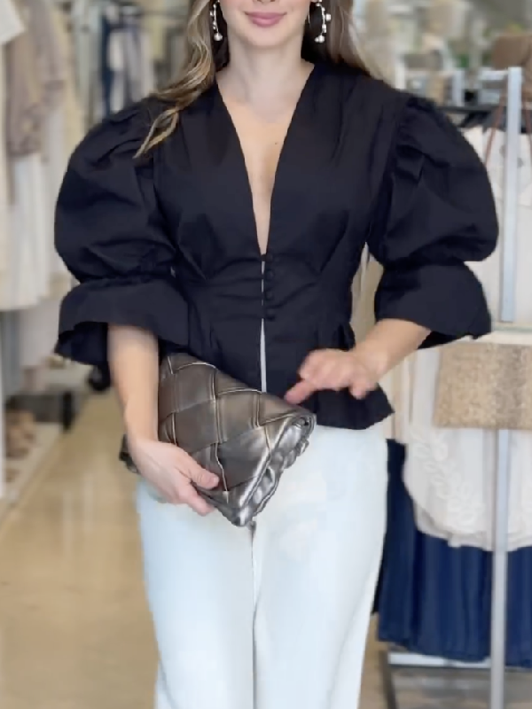 High-Low Puff Sleeves Asymmetric Buttoned Solid Color Deep V-Neck Blouses&Shirts Tops