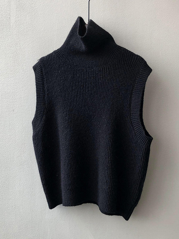 Casual Loose Sleeveless Solid Color High-Neck Sweater Vest Outerwear
