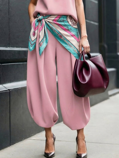 Cropped High Waisted Pleated Pockets Solid Color Pants Trousers