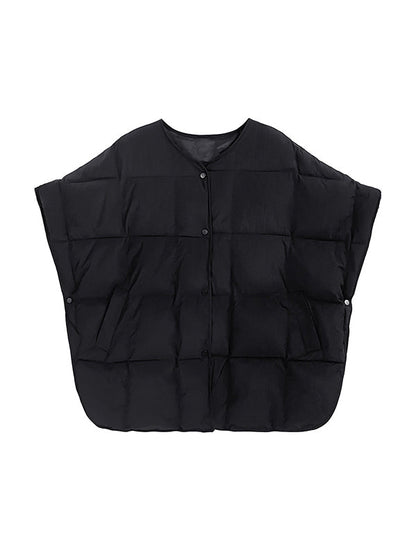 Batwing Sleeves Half Sleeves Buttoned Solid Color Round-Neck Padded Vest