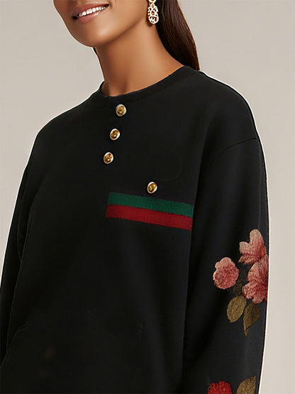 Long Sleeves Buttoned Contrast Color Flower Print Split-Joint Round-Neck Sweatshirt Tops
