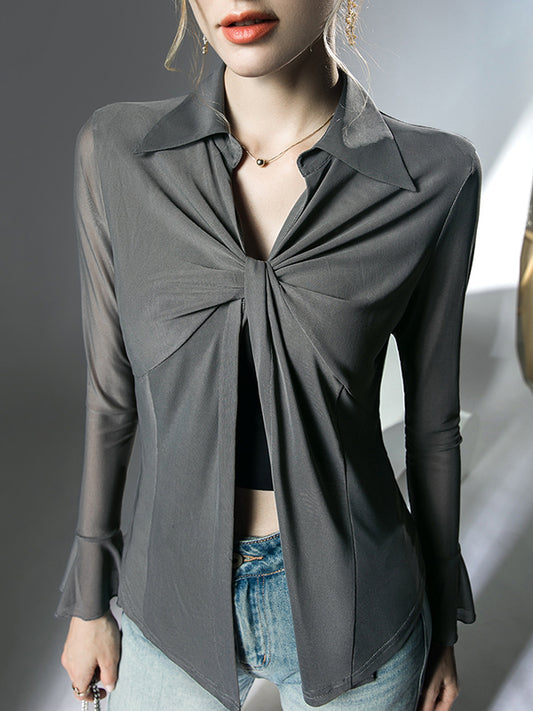 Long Sleeves Ruffle Sleeves Knot Solid Color Lapel Blouses&Shirts Tops