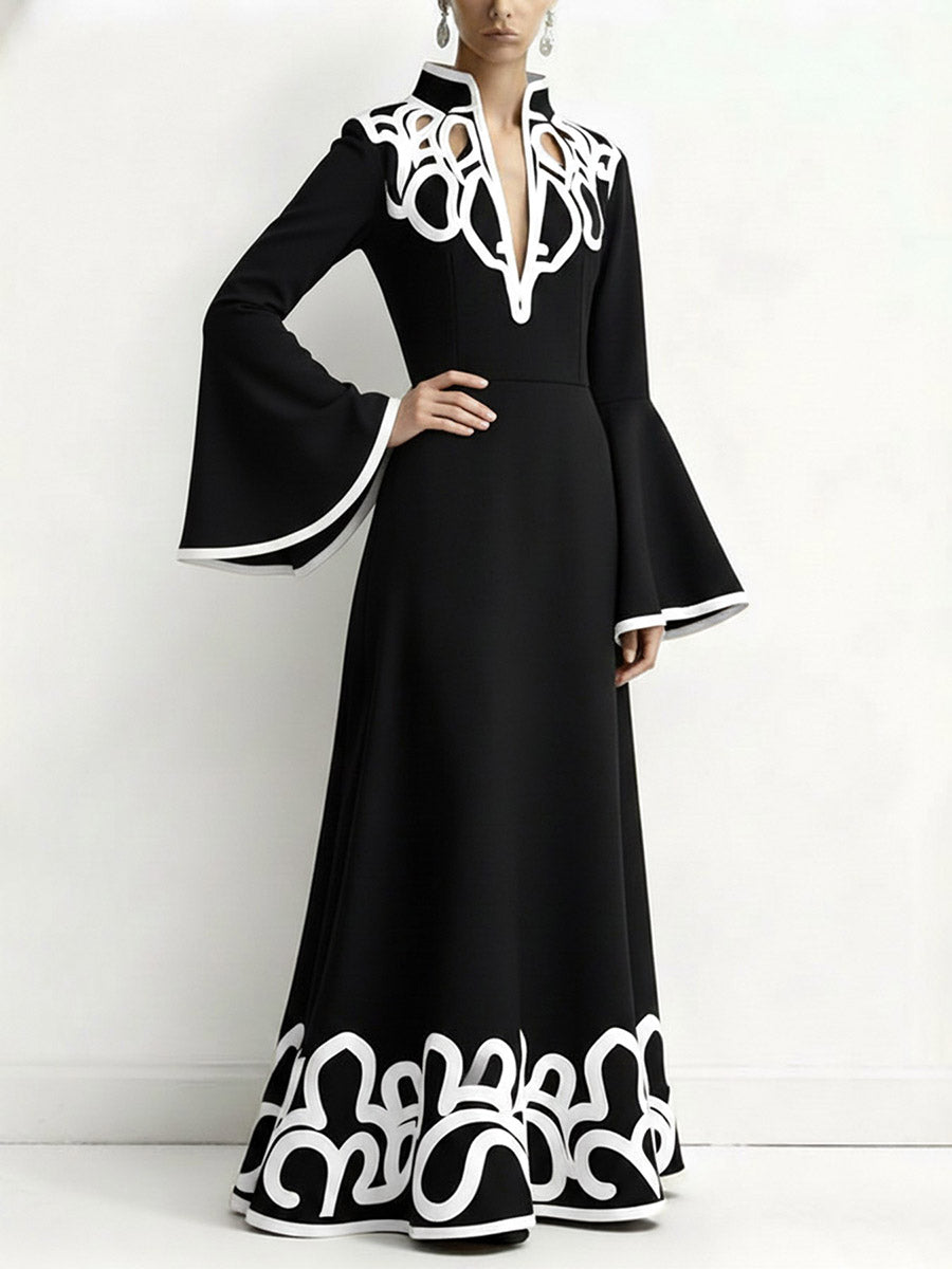 A-Line Flared Sleeves Abstract Printed Contrast Color Hollow Line Split-Joint Stand Collar Maxi Dresses