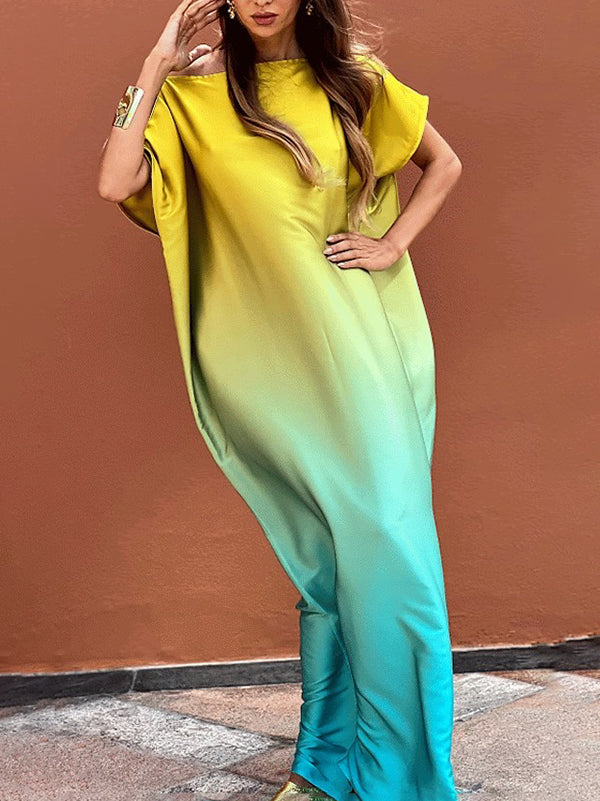 Loose Short Sleeves Gradient One-Shoulder Maxi Dresses