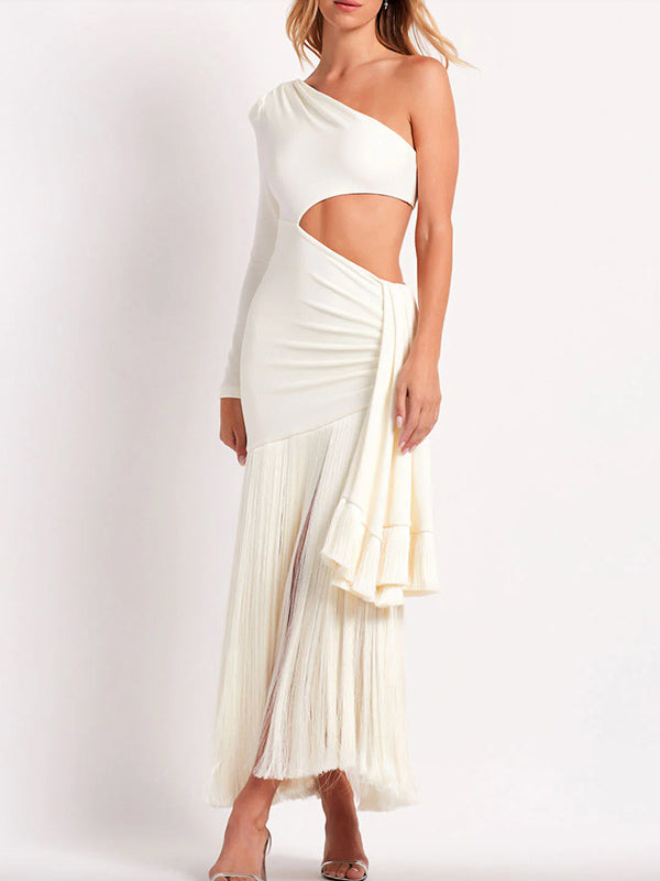 Bodycon Sleeveless Pleated Solid Color Tasseled One-Shoulder Maxi Dresses