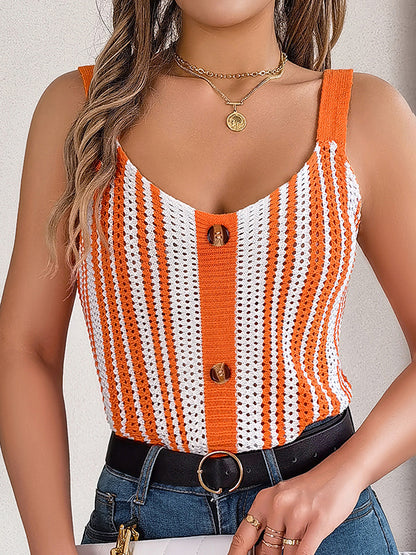 Loose Sleeveless Buttoned Contrast Color Hollow Spaghetti-Neck Vest Top
