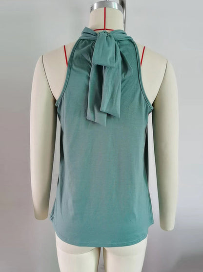 Loose Sleeveless Bow-Embellished Solid Color High Neck Tank Top