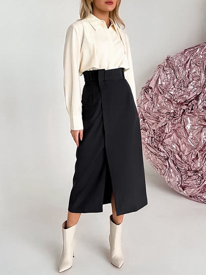 A-Line High Waisted Solid Color Split-Joint Split-Side Skirts Bottoms