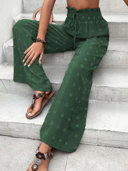 High Waisted Loose Drawstring Elasticity Jacquard Solid Color Pants Trousers
