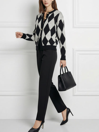Long Sleeves Buttoned Plaid Round-Neck Cardigan Tops