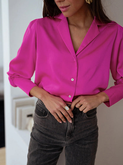 Long Sleeves Buttoned Notched Collar Blouses&Shirts Tops