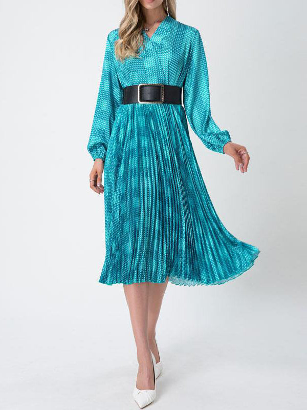 Long Sleeves Loose Belted Pleated Printed V-Neck Midi Dresses