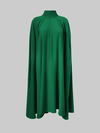 Simple Batwing Sleeves Lace-Up Solid Color High-Neck Midi Dresses