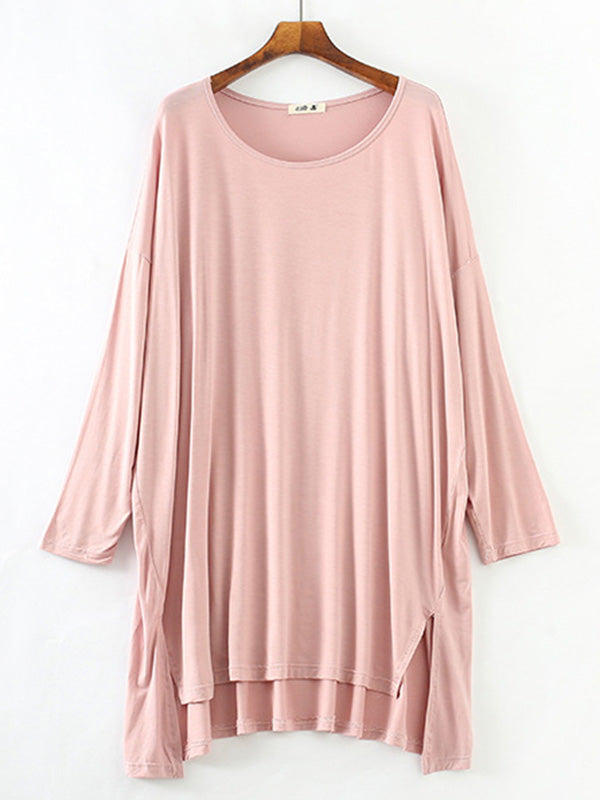 Solid Color Modal Plus Size High-Low Long Sleeve Pajamas Dress