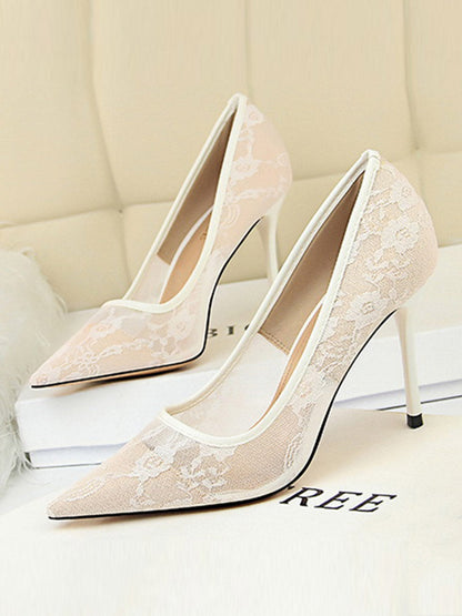 Flower Print Hollow Pointed-Toe Split-Joint Pumps