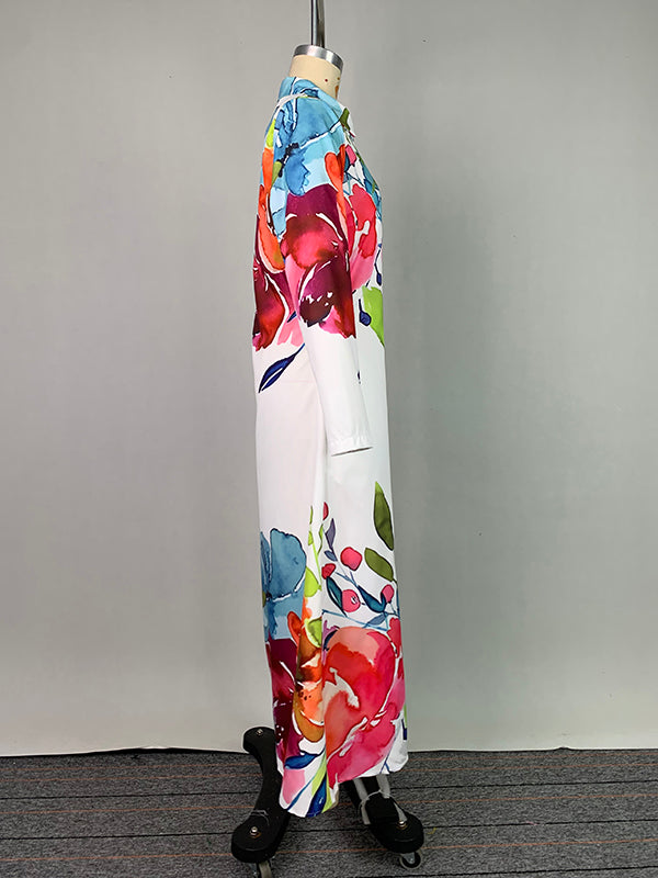 Long Sleeves Loose Buttoned Flower Print Lapel Maxi Dresses Shirt Dress