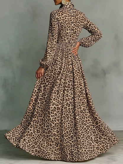 A-Line Long Sleeves Buttoned Contrast Color Leopard Pleated Pockets Lapel Maxi Dresses