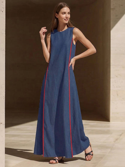 A-Line Loose Contrast Color Pockets Split-Joint Round-Neck Maxi Dresses