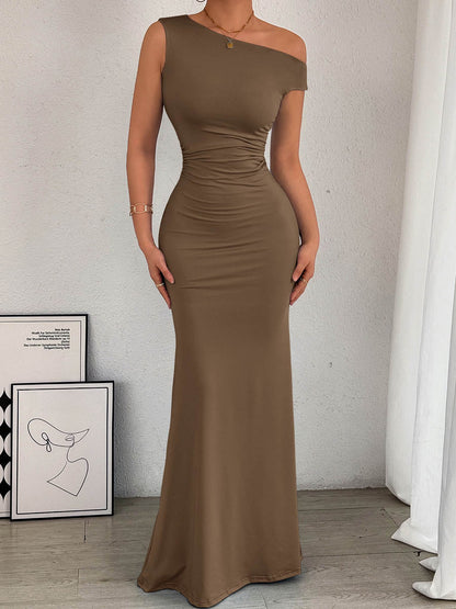 Bodycon High Waisted Asymmetric Pleated Solid Color Split-Side One-Shoulder Maxi Dresses
