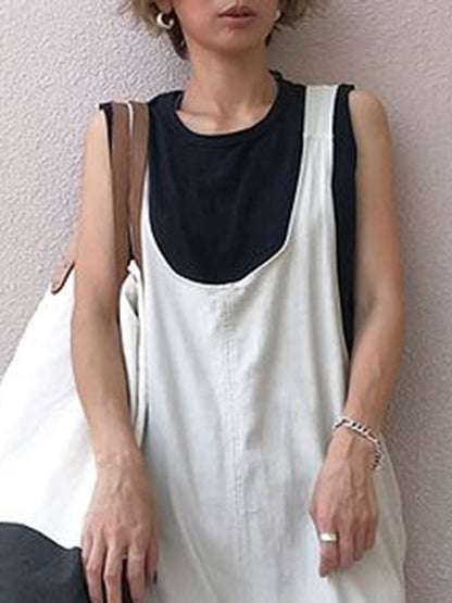 Loose Sleeveless Solid Color Split-Joint U-Neck Overalls