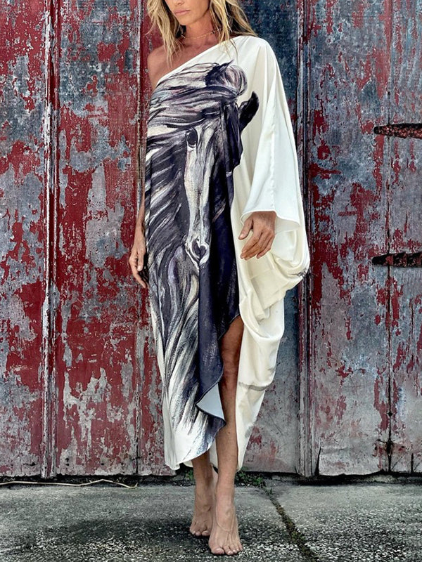 Long Sleeves Loose Animal Printed Asymmetric One-Shoulder Maxi Dresses