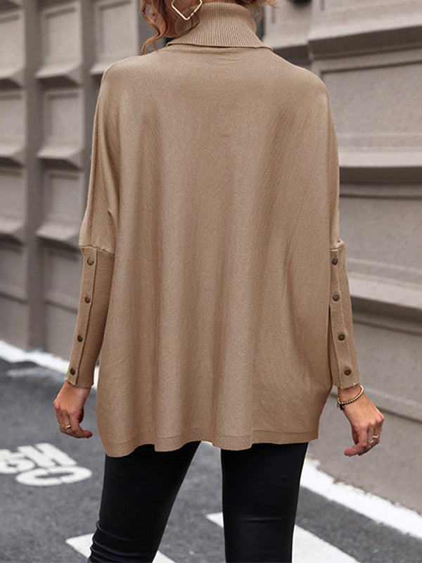 Batwing Sleeves Long Sleeves Buttoned Solid Color Split-Joint High Neck Pullovers Sweater Tops