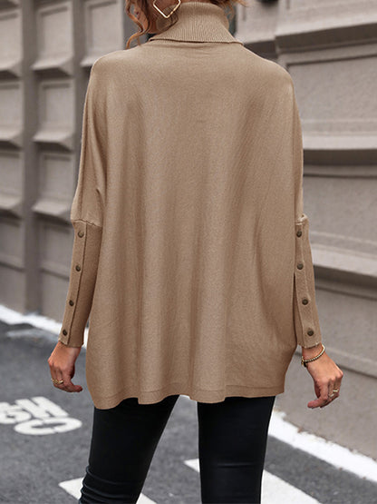 Batwing Sleeves Long Sleeves Buttoned Solid Color Split-Joint High Neck Pullovers Sweater Tops