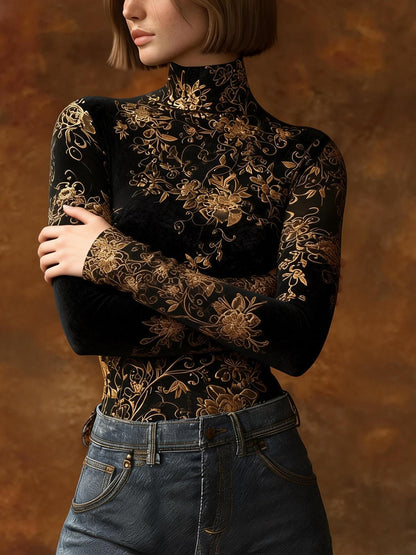 Long Sleeves Skinny Contrast Color Flower Print Split-Joint High Neck Blouses&Shirts Tops