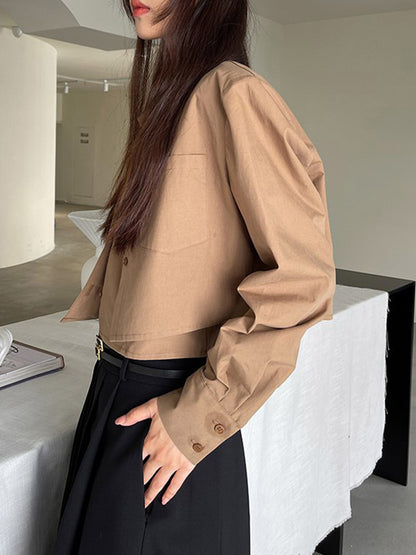 Lapel False Two Buttoned Pockets Solid Color Inner Shirts   Outerwear Blouses&Shirts Tops