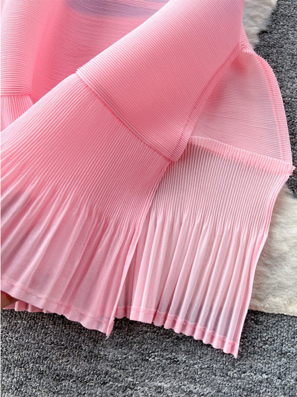 Flared Sleeves Loose Belted Contrast Color Pleated Midi Dresses