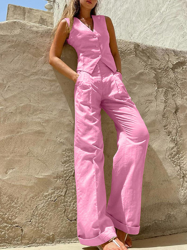 Loose Solid Color Split-Joint V-Neck Top+ Pleated High Waisted Vest Top + Pants Bottom Two Pieces Set