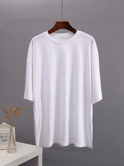 Loose Short Sleeves Solid Color Split-Side Round-Neck T-Shirts Tops