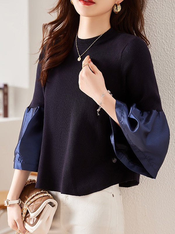 Flared Sleeves Long Sleeves Pleated Split-Joint Round-neck T-Shirts Tops