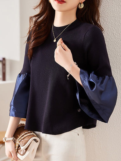 Flared Sleeves Long Sleeves Pleated Split-Joint Round-neck T-Shirts Tops