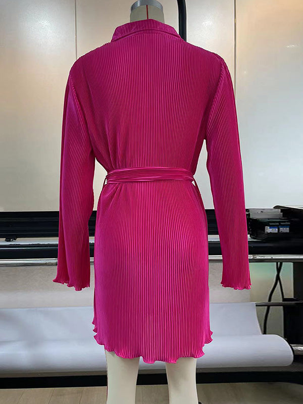 Long Sleeves Loose Buttoned Solid Color Tied Waist Lapel Mini Dresses