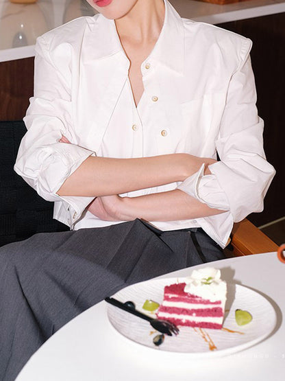 Lapel False Two Buttoned Pockets Solid Color Inner Shirts   Outerwear Blouses&Shirts Tops