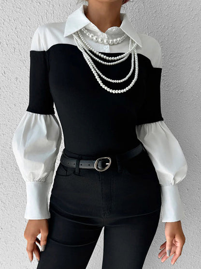 Long Sleeves Loose Buttoned Contrast Color Pleated Split-Joint Lapel Blouses&Shirts Tops