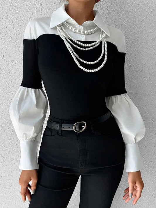 Long Sleeves Loose Buttoned Contrast Color Pleated Split-Joint Lapel Blouses&Shirts Tops