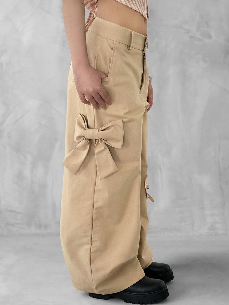 High Waisted Loose Bowknot Buttoned Pockets Solid Color Split-Joint Zipper Pants Trousers