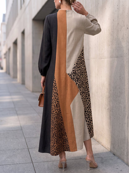 Zipper Split-Joint Leopard Elasticity Contrast Color Loose Long Sleeves Round-neck Maxi Dresses