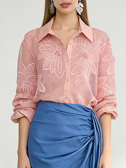 Long Sleeves Buttoned Embroidered Solid Color Lapel Blouses&Shirts Tops