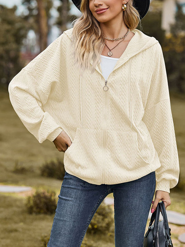 Long Sleeves Loose Drawstring Hooded Pockets Solid Color Zipper V-Neck Outerwear