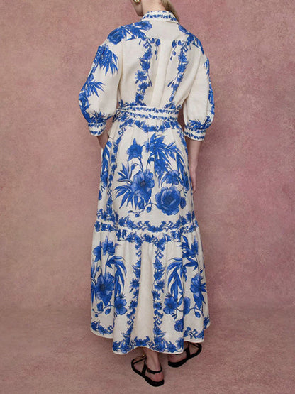 Loose Puff Sleeves Floral Printed Pleated Split-Joint Tied Waist Lapel Maxi Dresses Shirt Dress