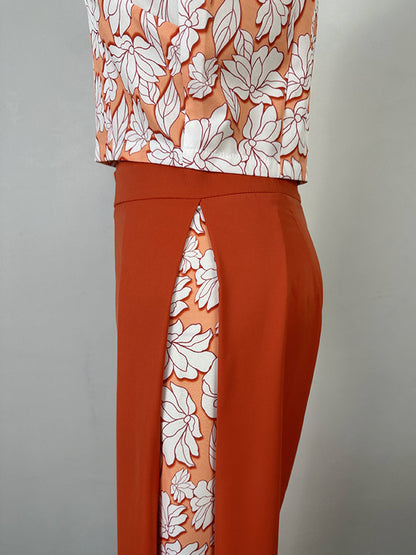 Long Sleeves Flower Print Hollow Mock Neck Shirts Top + High Waisted Pants Bottom Two Pieces Set