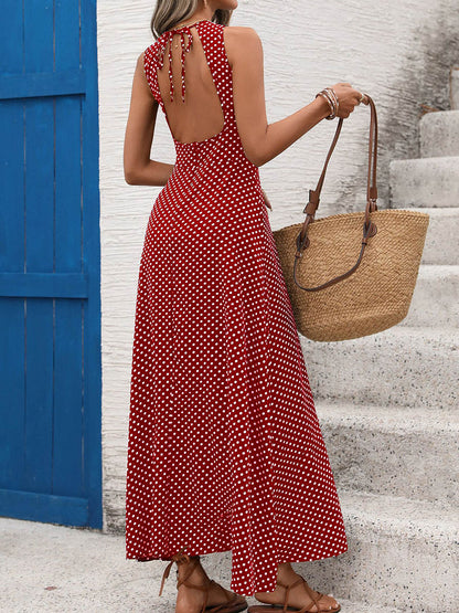 A-Line High Waisted Contrast Color Polka-Dot Round-Neck Maxi Dresses