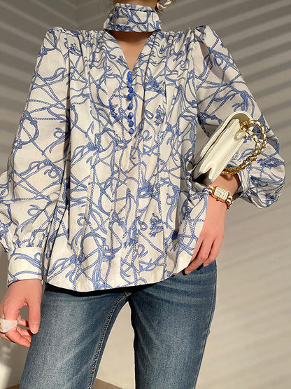 Bishop Sleeve Long Sleeves Buttoned Hollow High-Neck Blouses&Shirts Tops