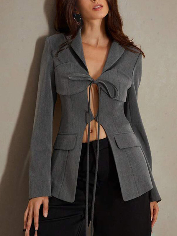 Long Sleeves Loose Pockets Solid Color Tied Notched Collar Blazer Outerwear