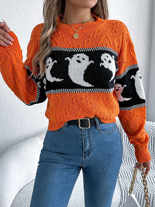 Long Sleeves Loose Contrast Color Split-Joint Round-Neck Pullovers Sweater Tops