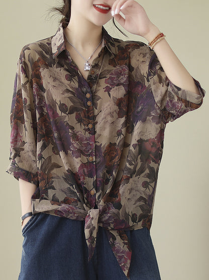 Long Sleeves Loose Buttoned Flower Print Tied Lapel Blouses&Shirts Tops