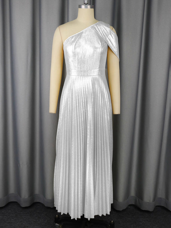 A-Line High Waisted Asymmetric Pleated Shiny Solid Color Split-Joint Zipper One-Shoulder Maxi Dresses